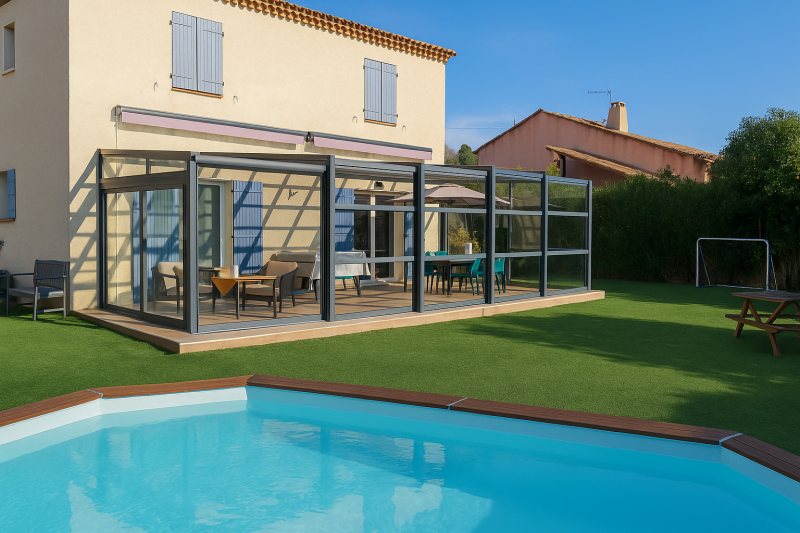 Abri de terrasse en aluminium avec sa structure en verre à Vitrolles près de Marseille