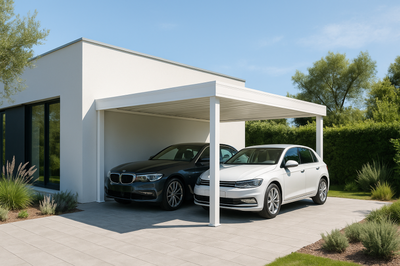 Pose de carport aluminium blanc 4 poteaux 6x5 m pour deux véhicules à Aubagne et alentours