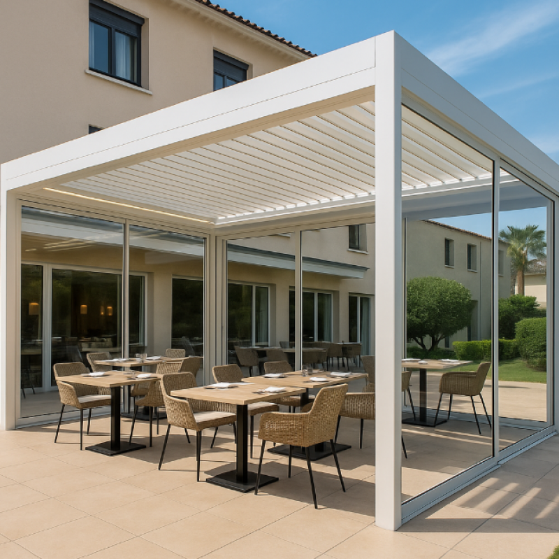 Installation de pergola Luminov en aluminium pour hôtels avec terrasse à La Valette-du-Var