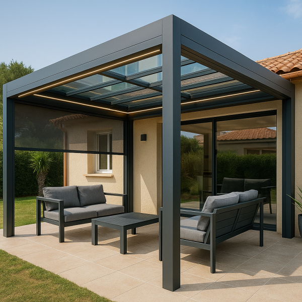 Installation d’une pergola Lumino avec paroi vitrée sur terrasse à Sanary-sur-Mer