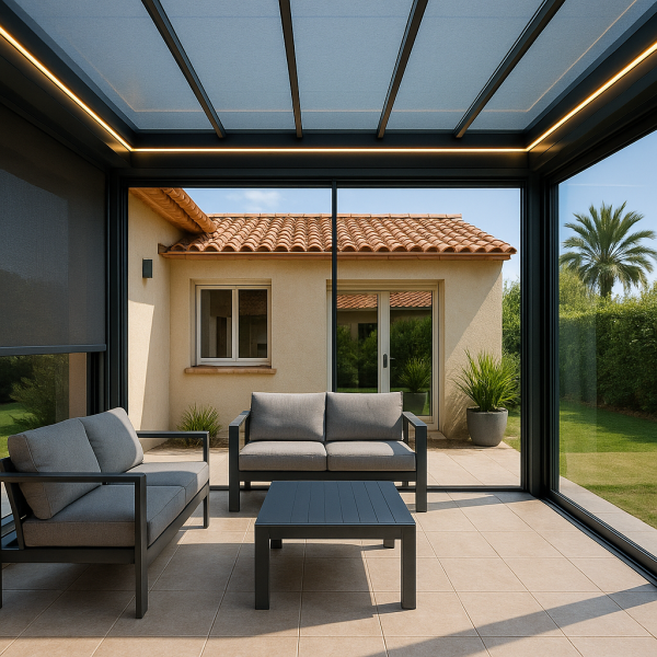 Installation d’une pergola Lumino avec paroi vitrée sur terrasse à Sanary-sur-Mer