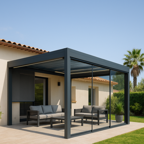 Installation d’une pergola Lumino avec paroi vitrée sur terrasse à Sanary-sur-Mer