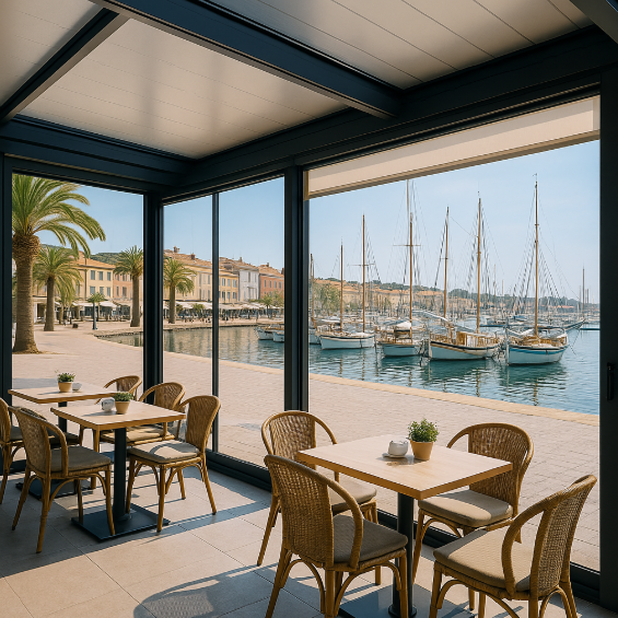 Installation d’une pergola vitrée panoramique pour un salon de thé à Sanary-sur-Mer