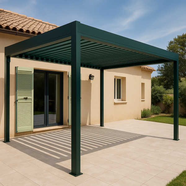 Installation de pergola aluminium vert Provençal avec capteurs automatiques à Puget-sur-Argens