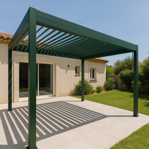 Installation de pergola aluminium vert Provençal avec capteurs automatiques à Puget-sur-Argens