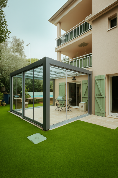 Pergola Luminov avec paroi vitrée sur mesure pour nos clients à Marseille
